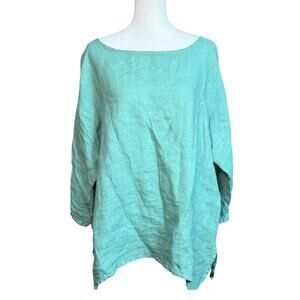 GIUSY‎ Linen Blouse Women M Cyan Italy Boxy Minimalist Quiet Luxury Casual Top